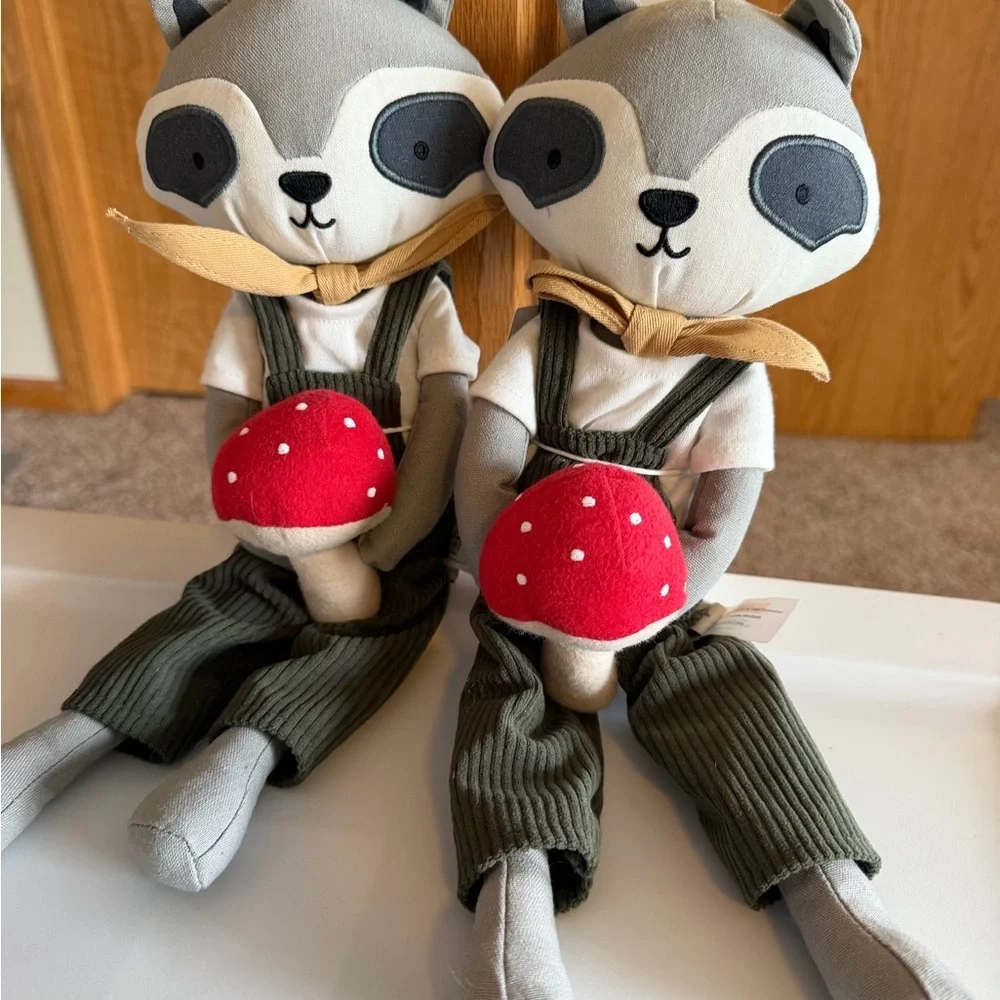 Pair of Gray Raccoon Plush Dolls with Red‎ Mushroom